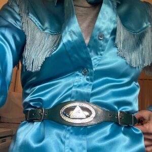 Vintage GREEN Western belt S cowgirl boho silver double buckle leather prairie